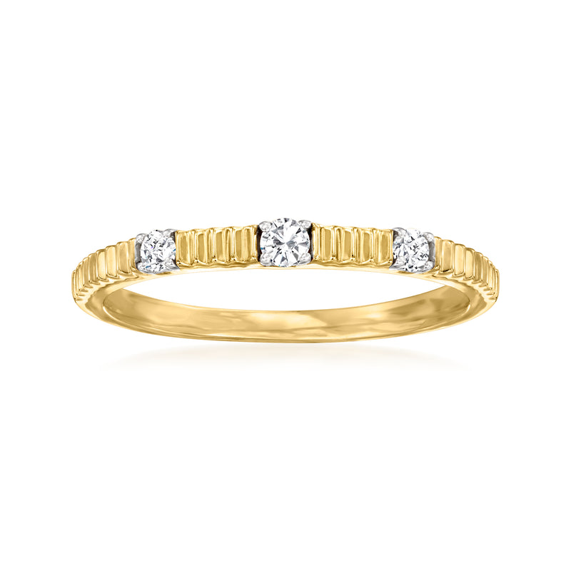 18kt gold over sterling ridged ring with three round diamonds