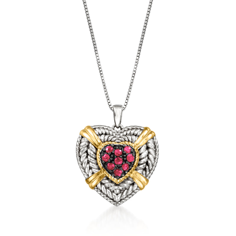Two-tone sterling silver heart pendant with pink ruby-style stones and chain bail