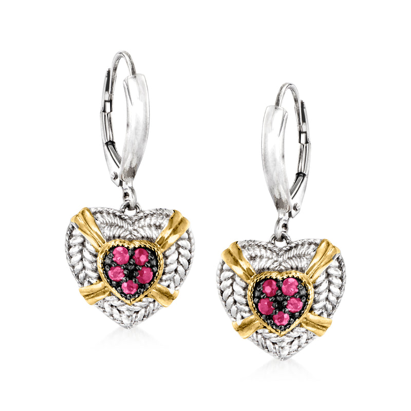 Two-tone sterling silver heart drop earrings with pink ruby cabochon, leverback closure