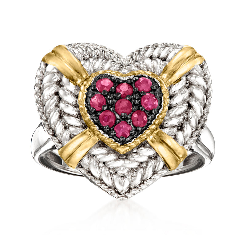 Two-tone sterling silver heart ring with red ruby cluster and gold-tone heart frame