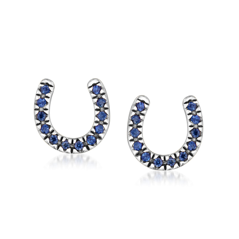 Sterling silver horseshoe post earrings with blue sapphires