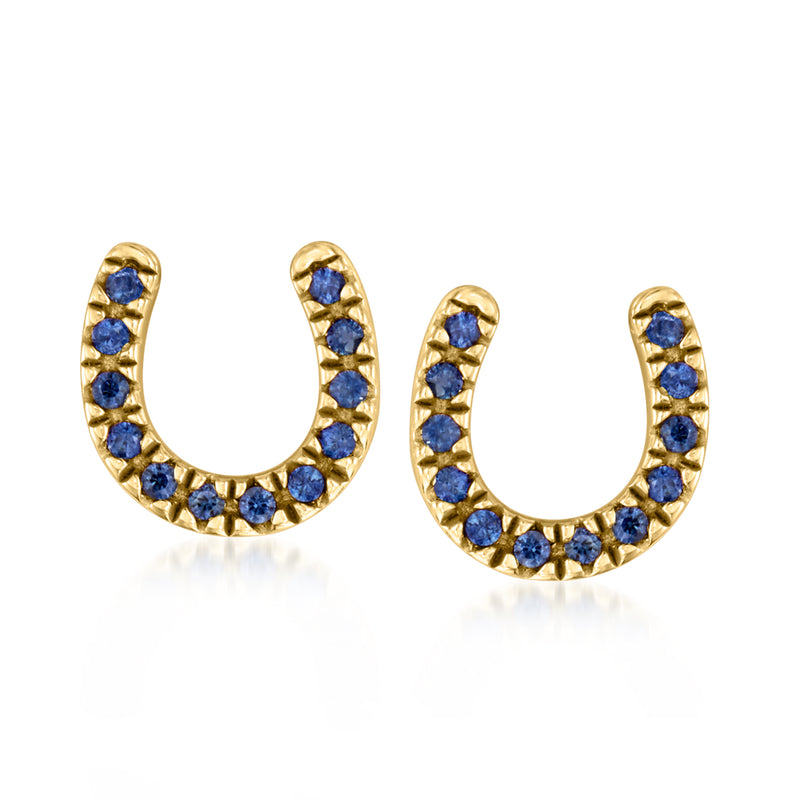 Sapphire horseshoe post earrings with blue stones, gold over sterling