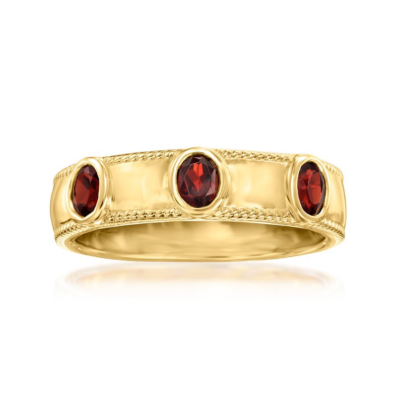 18kt gold-over-sterling garnet roped-edge ring with three oval red gemstone settings