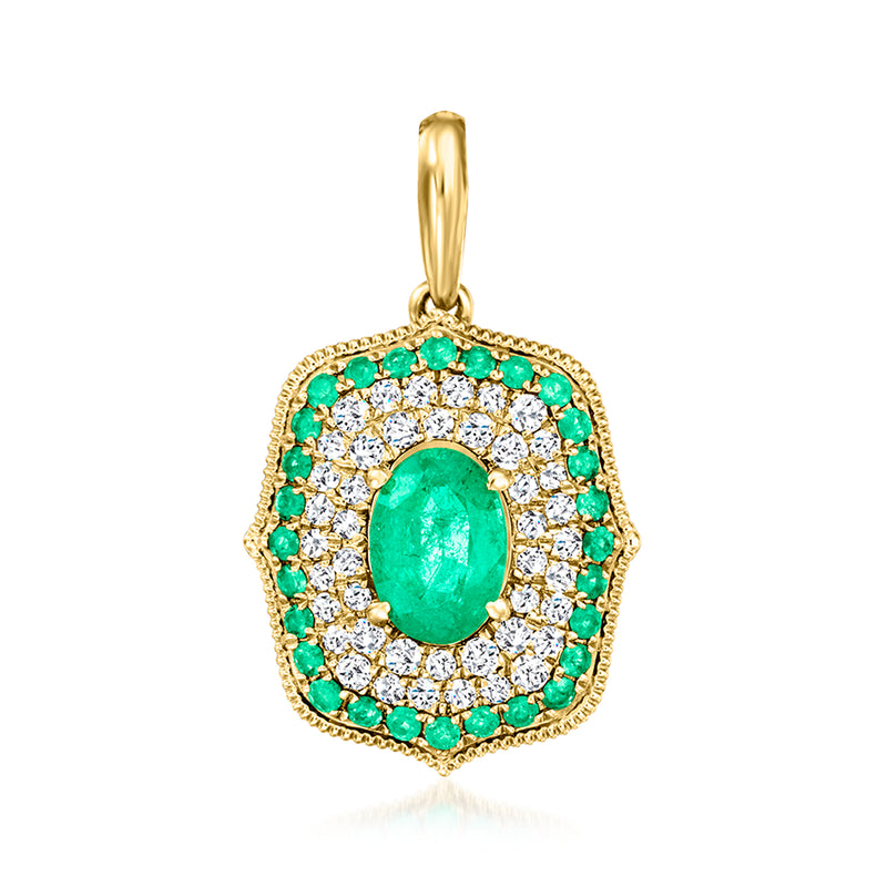 14kt yellow gold milgrain pendant with oval emerald center and green stone halo