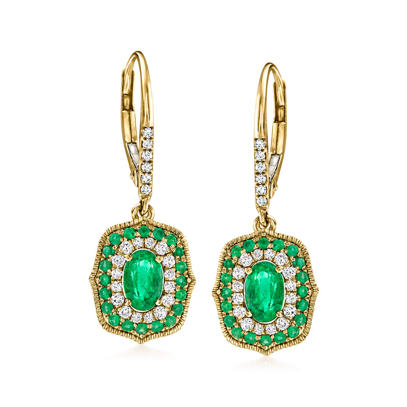 14kt yellow gold drop earrings with green oval emerald, diamond halo, milgrain frame