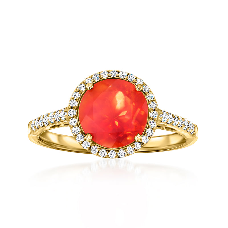 Fire opal ring with diamond halo and split shank in 14kt yellow gold