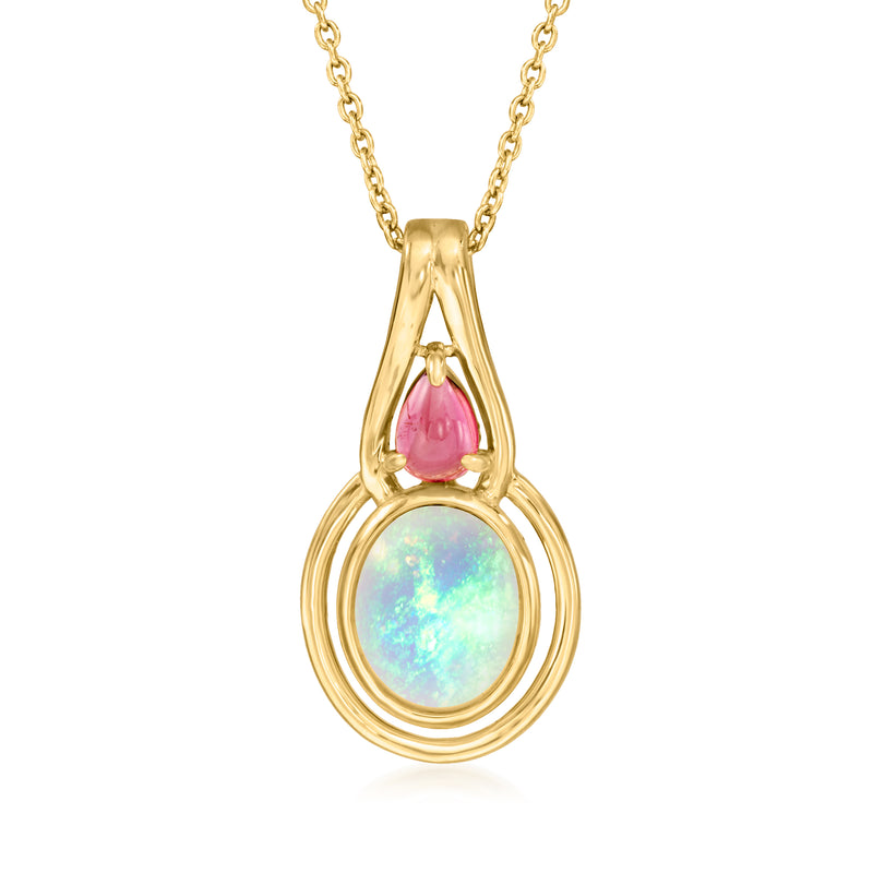 Gold pendant necklace with pink tourmaline teardrop and round opal centerpiece