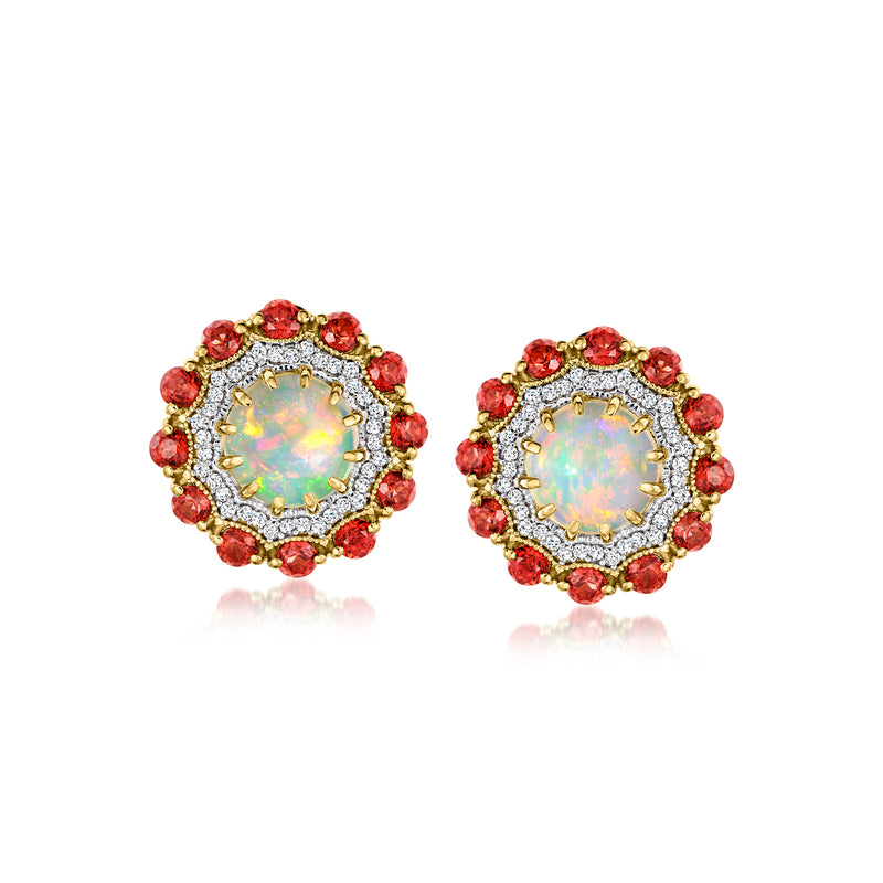 Round opal center stud earrings with red garnet halo and white zircon accents in gold tone
