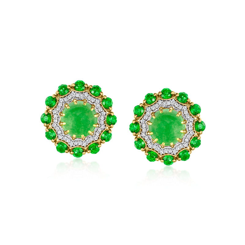 Green gemstone stud earrings with halo setting and small white accents in gold-tone