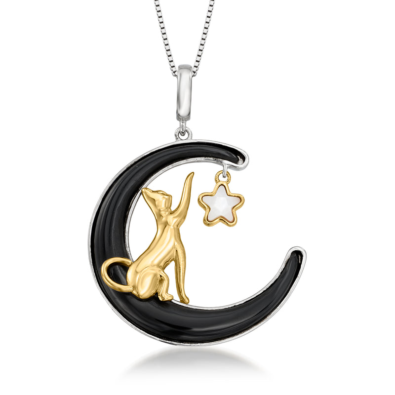 Two-tone celestial cat pendant necklace with black crescent moon, gold cat and star charms