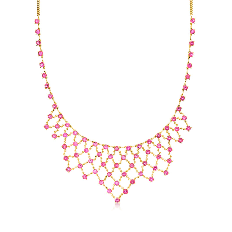 Pink topaz bib necklace with cascading pink gemstone drops on gold over sterling chain