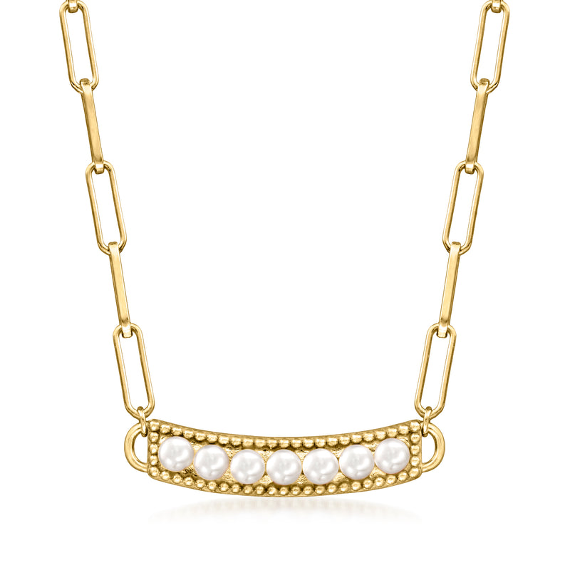 Gold paper-clip link necklace with small cultured pearl row on scalloped bezel.