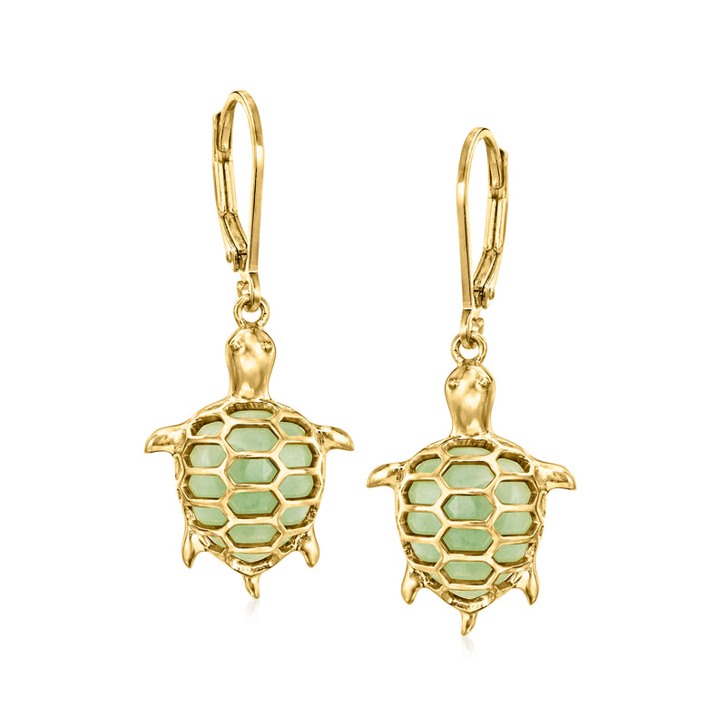 Gold turtle drop earrings with jade-green enamel, leverback hook closures