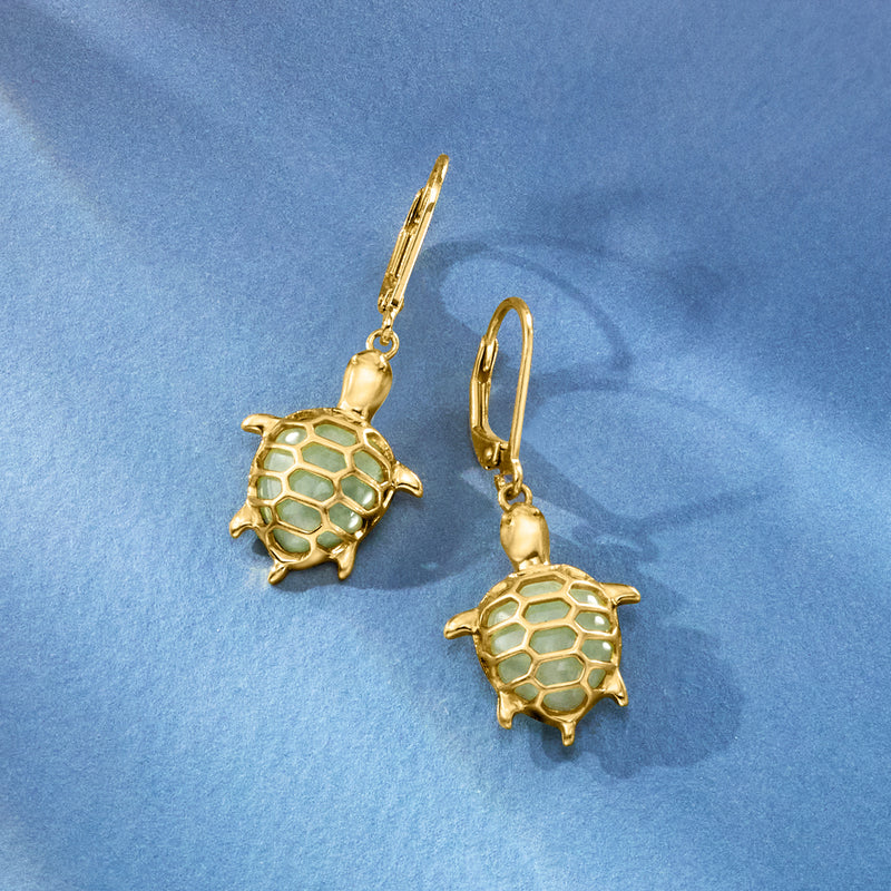 Gold leverback turtle drop earrings with jade-green enamel shell detail