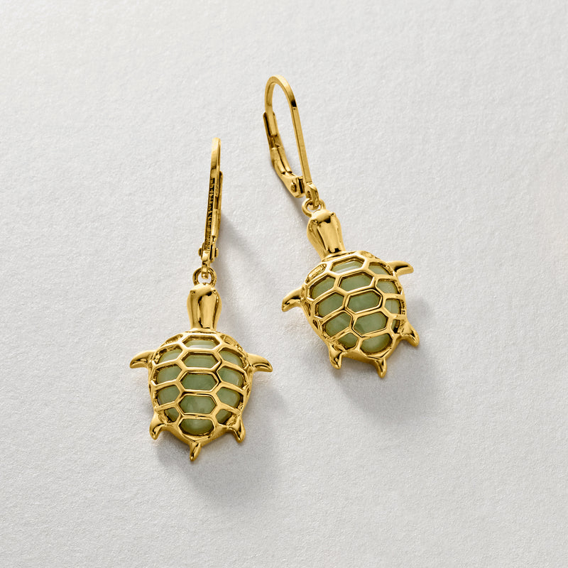 Pair of gold turtle drop earrings with jade-green enamel, leverback hooks