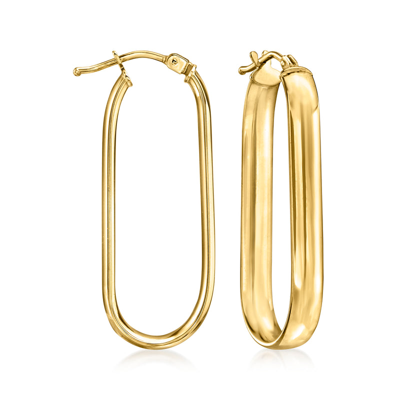 Yellow gold hoop earrings with hinged clasp, oval link shape