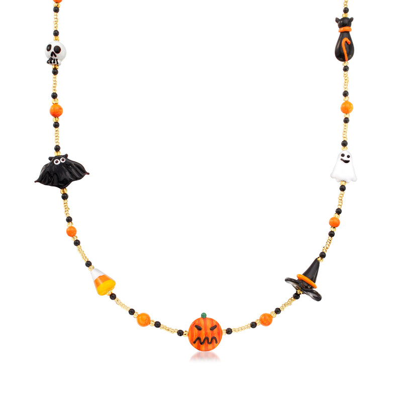 Murano glass bead necklace with Halloween charms: jack-o-lantern, ghost, witch hat