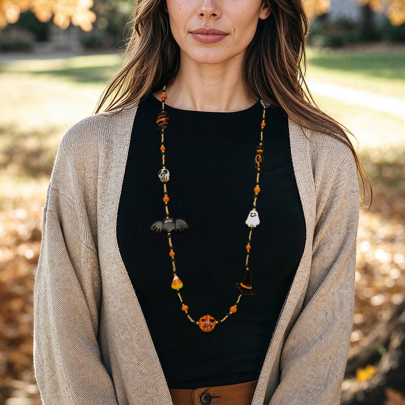 Italian Multicolored Murano Glass Halloween-Themed Bead Necklace with 18kt Gold Over Sterling