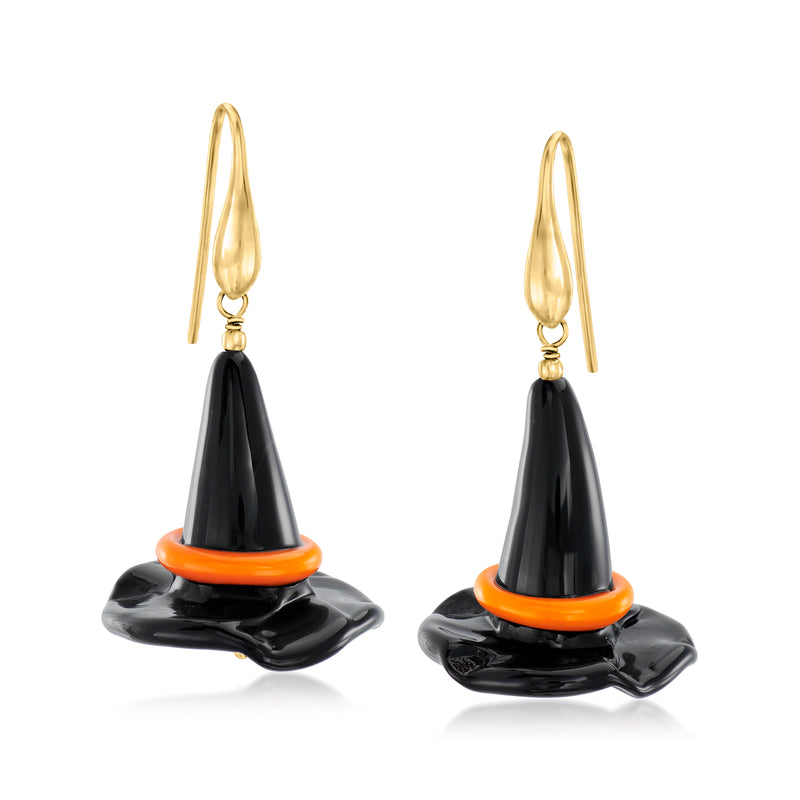 Gold drop earrings with black witch hat and orange band, teardrop earwires.