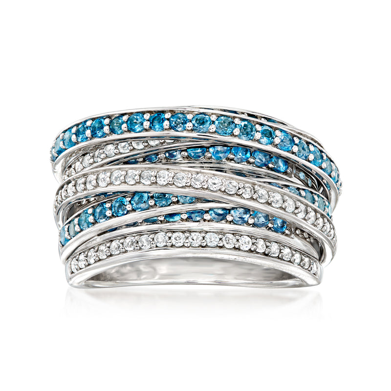 Sterling silver multi-row topaz highway ring with blue and white stones