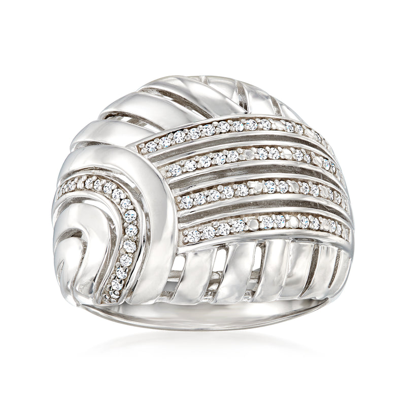 Sterling silver diamond weave ring with pavé rows