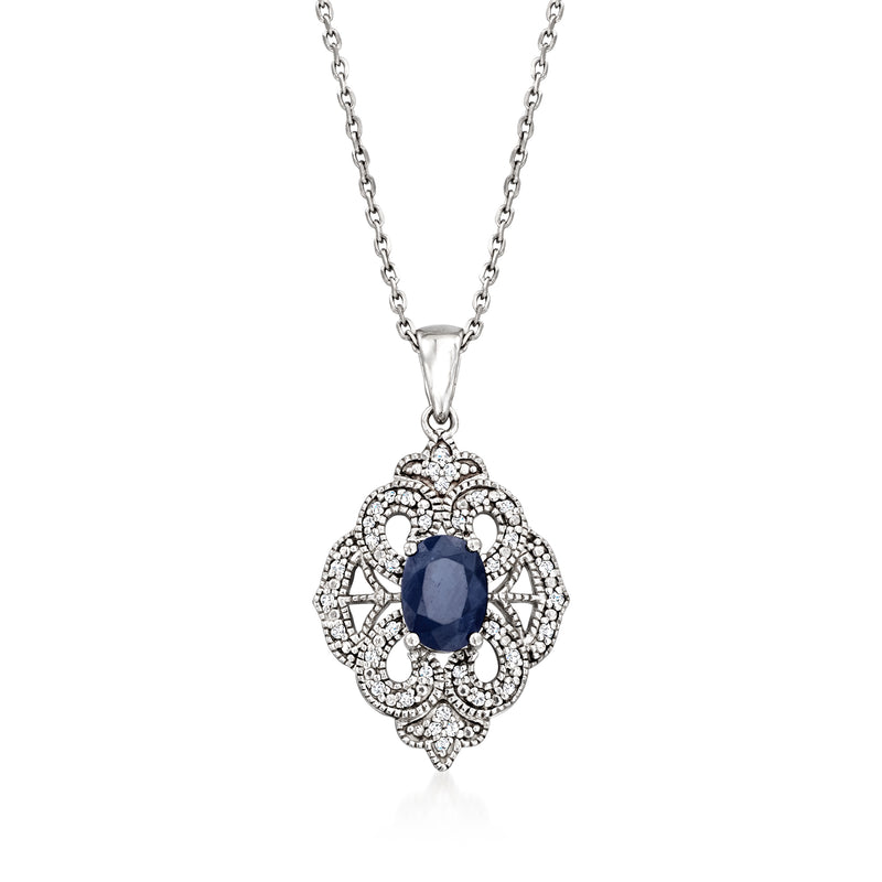 Sterling silver sapphire and diamond milgrain pendant necklace with oval blue center stone