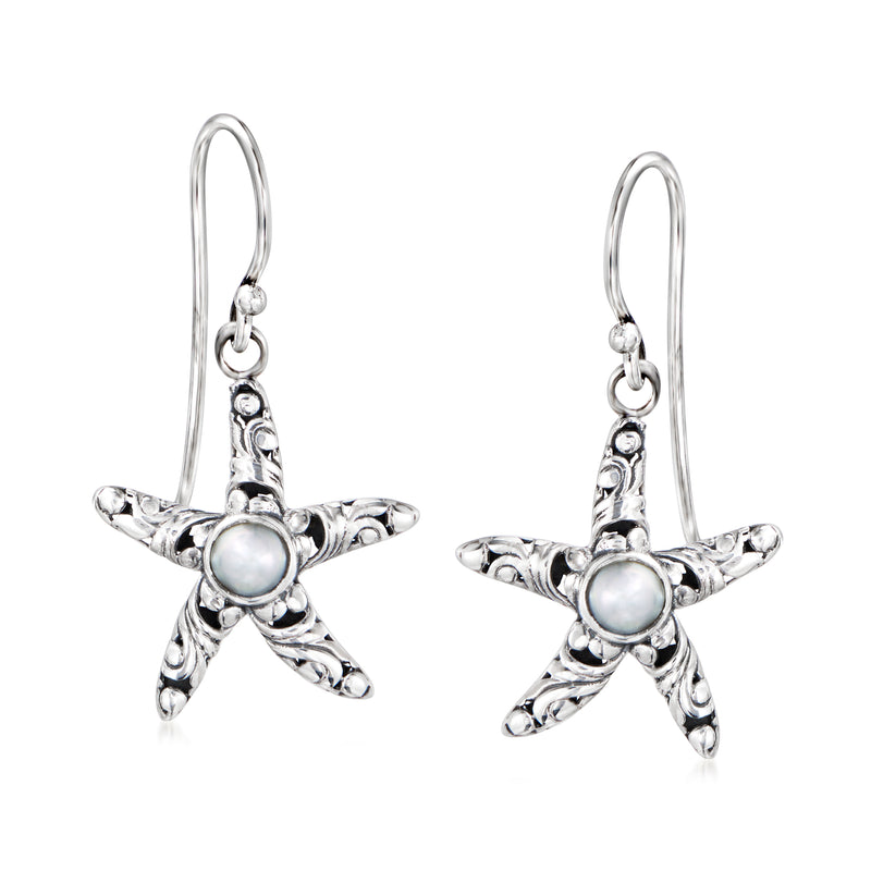 Sterling silver starfish drop earrings with light blue cultured pearl cabochon