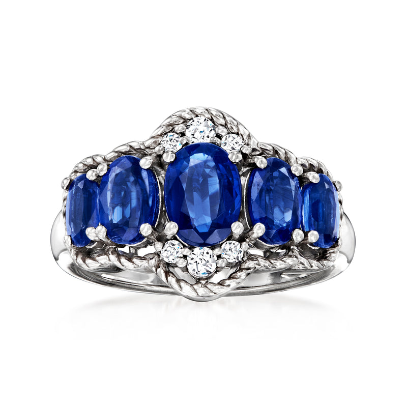 Sterling silver ring with three oval blue kyanite stones and white zircon accents