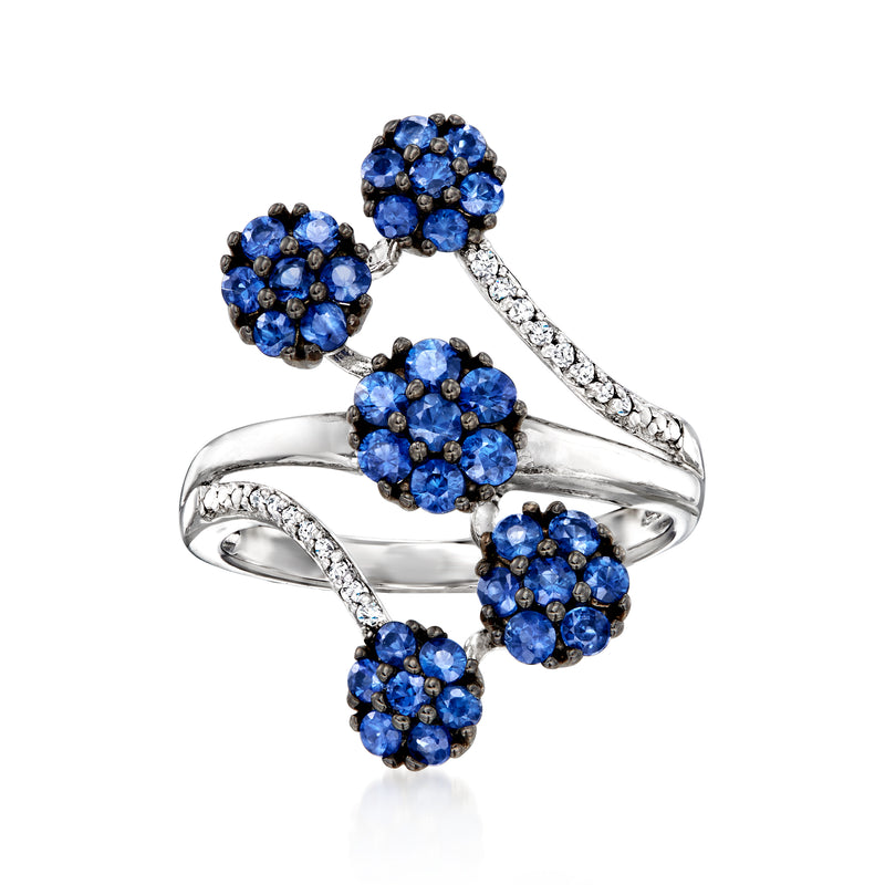 Sterling silver ring with blue sapphire flower clusters and small diamond accents