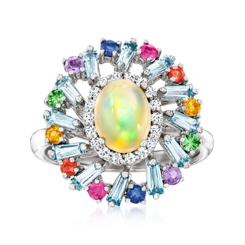 Sterling silver multi-gemstone ring with oval opal center and colorful side stones