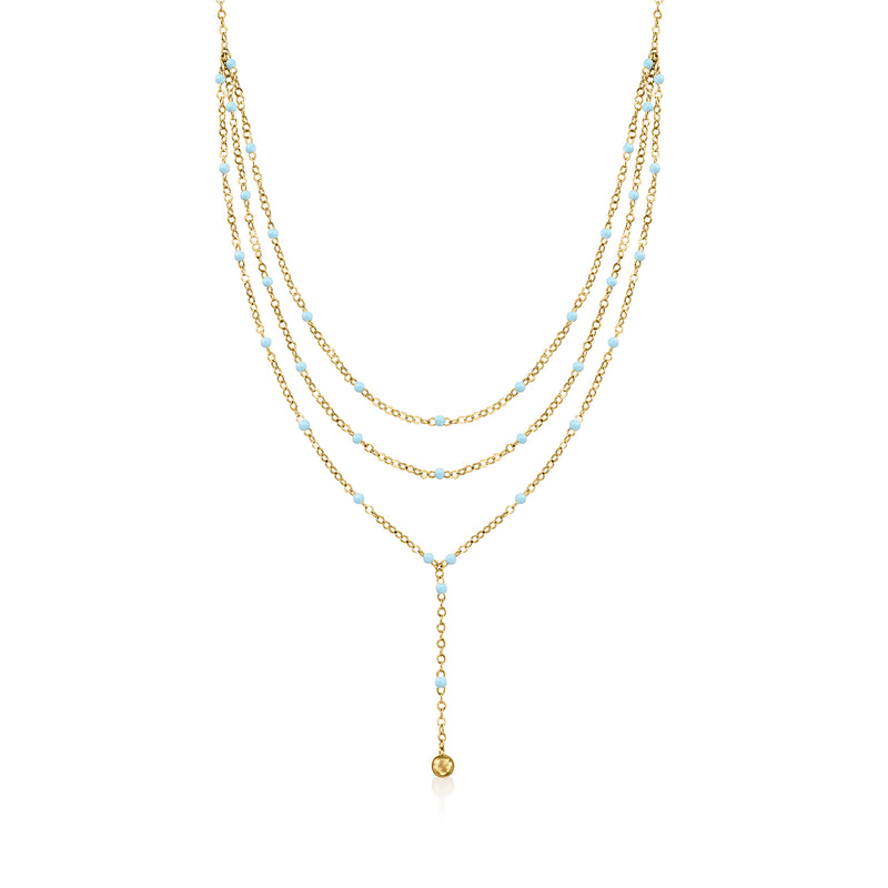 14kt yellow gold layered Y-necklace with blue enamel station links and pendant drop