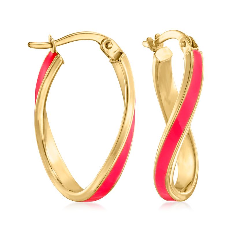 14kt yellow gold twisted hoop earrings with pink enamel accents