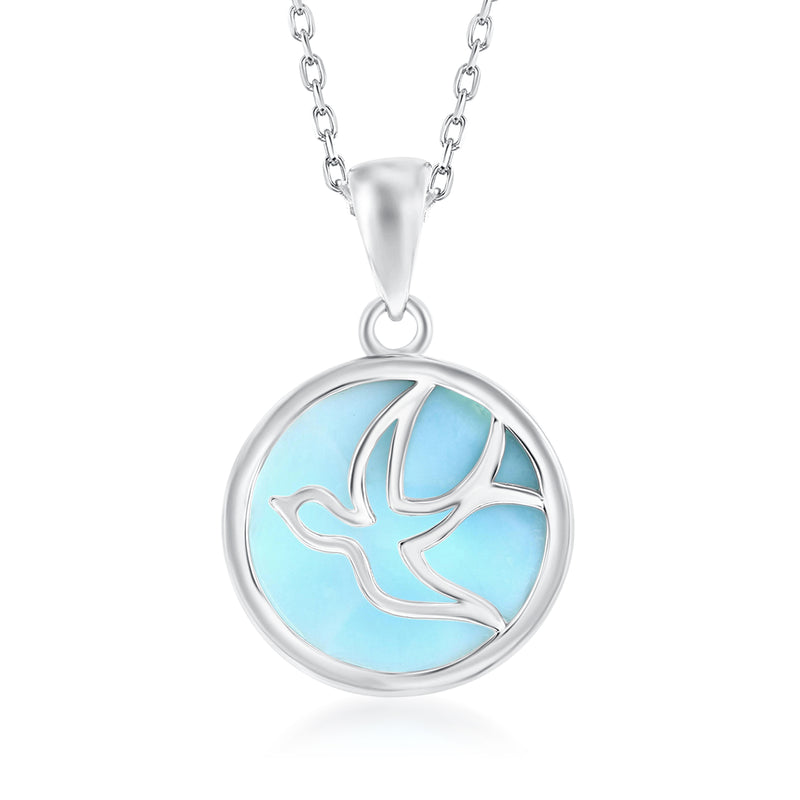 Sterling silver pendant necklace with round larimar blue flying dove charm