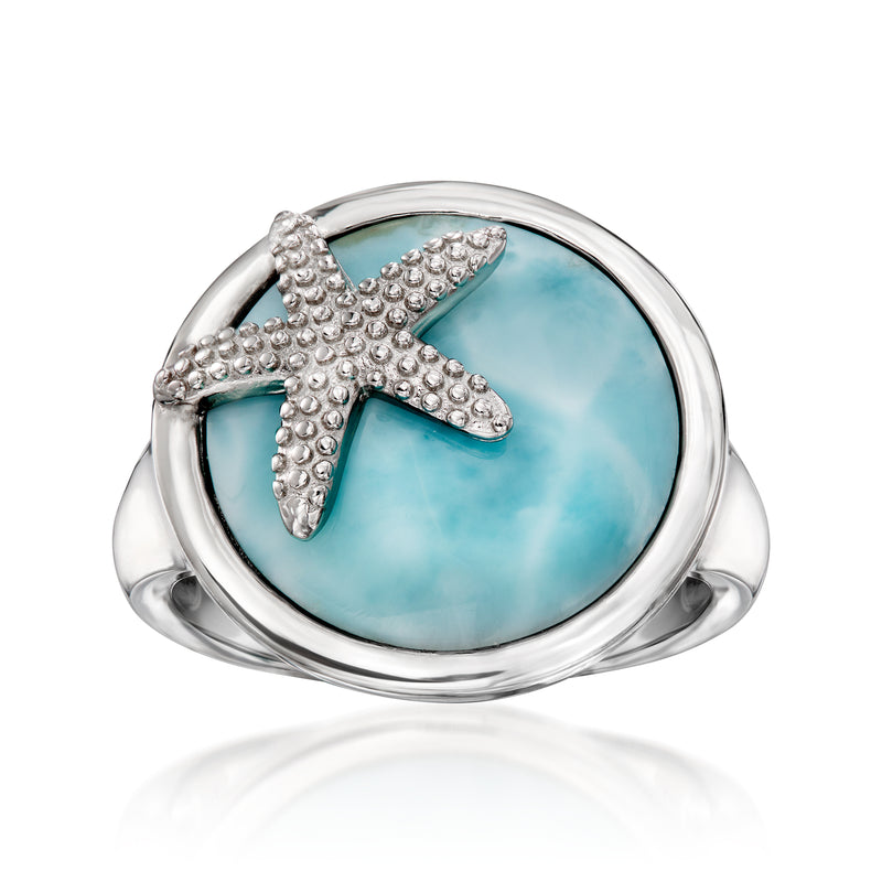 Sterling silver ring with oval larimar cabochon and starfish motif, crystal accents