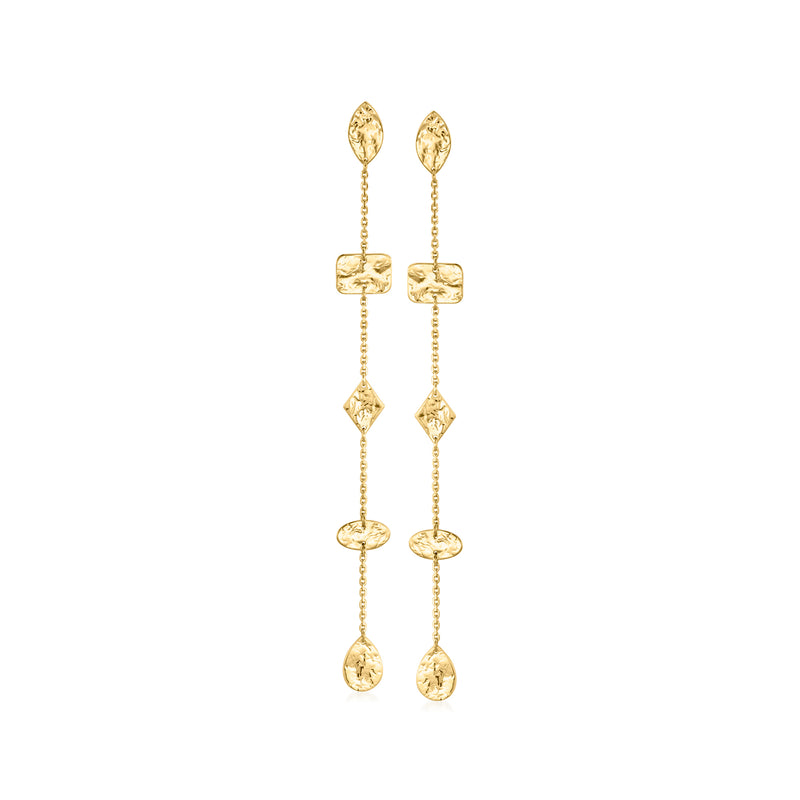 14kt yellow gold hammered station drop earrings with dangling geometric drops