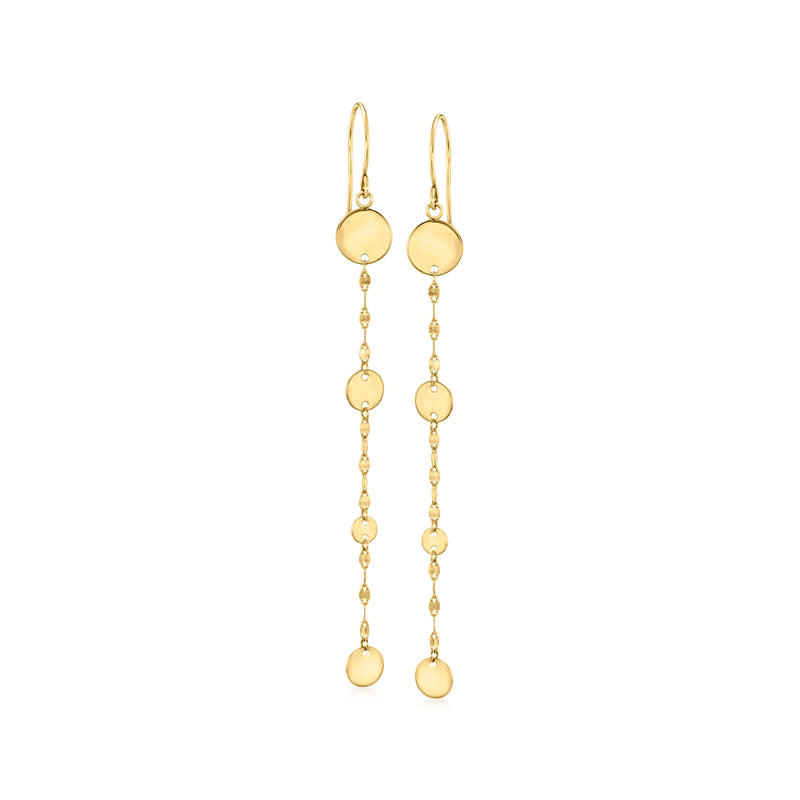 14kt yellow gold disc drop earrings with long chain and round disc accents