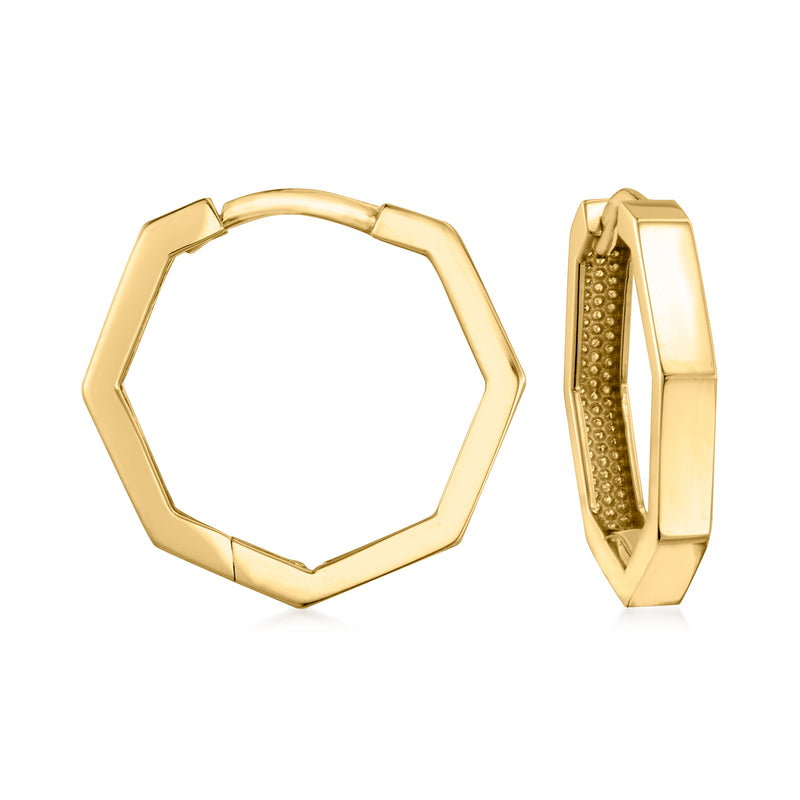 14kt yellow gold hexagonal hoop earrings with textured inner panel
