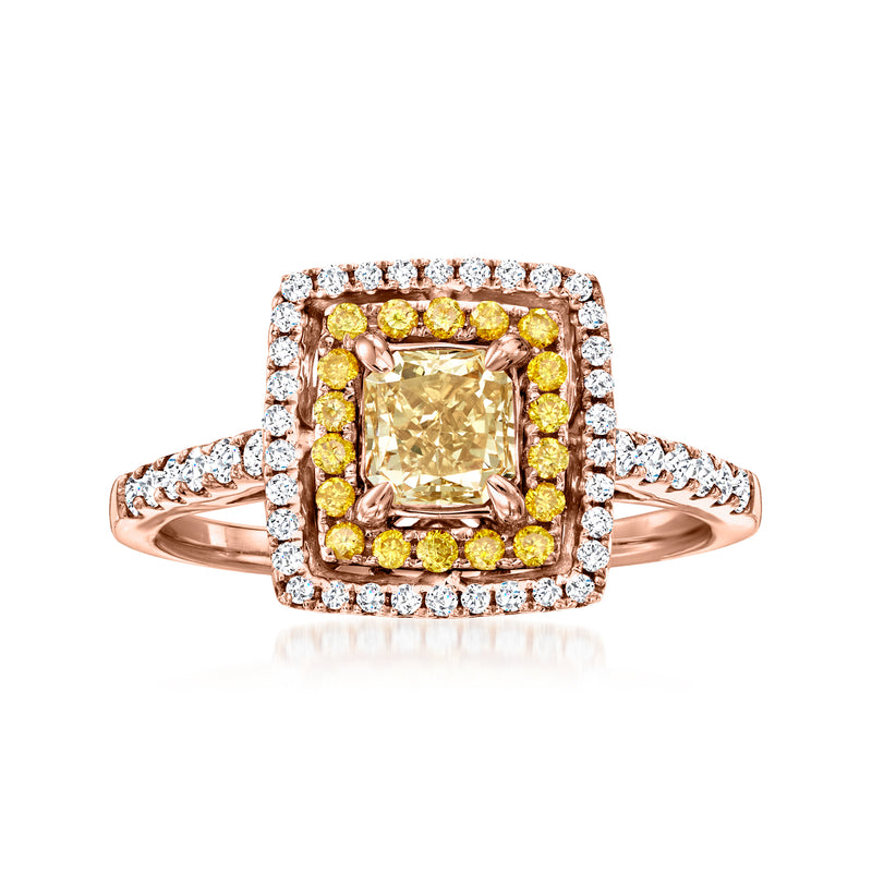 Rose gold diamond ring with square yellow center, white diamond halo and side bands