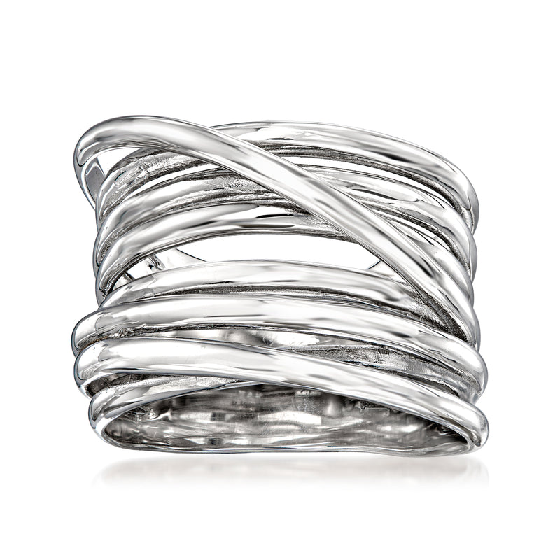Italian sterling silver highway ring with layered swirl bands, polished shine