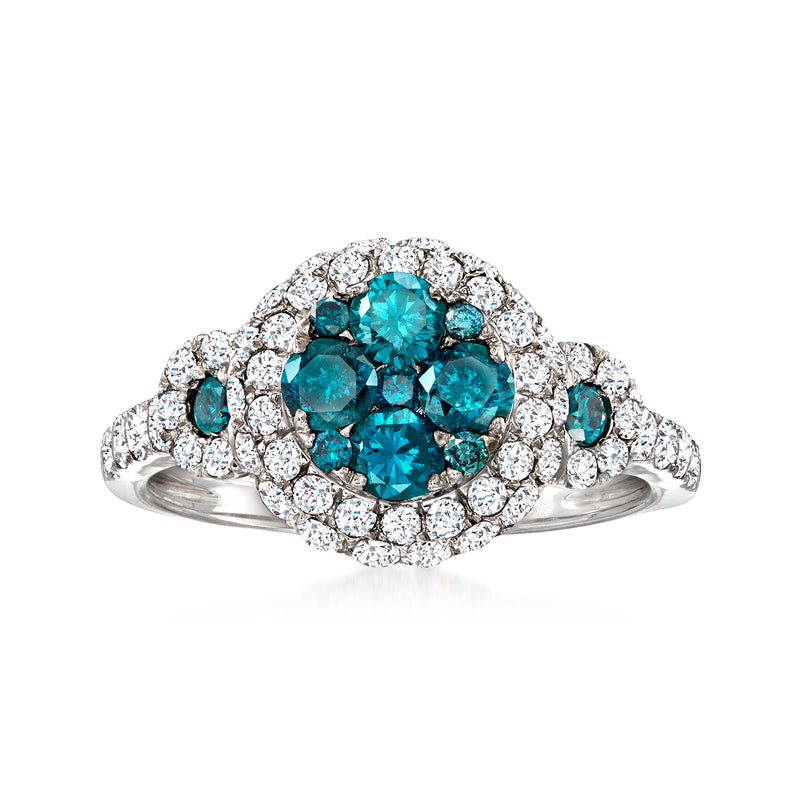 14kt white gold diamond ring with turquoise-blue center stone, halo and side clusters