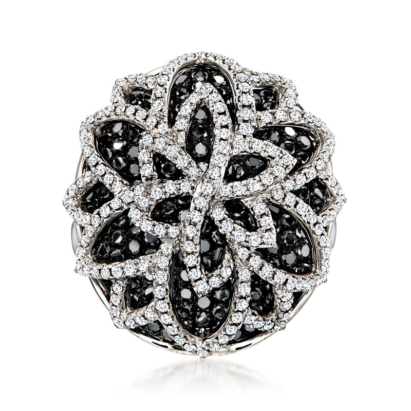 Diamond flower ring with black and white stones, halo petals, 18kt white gold