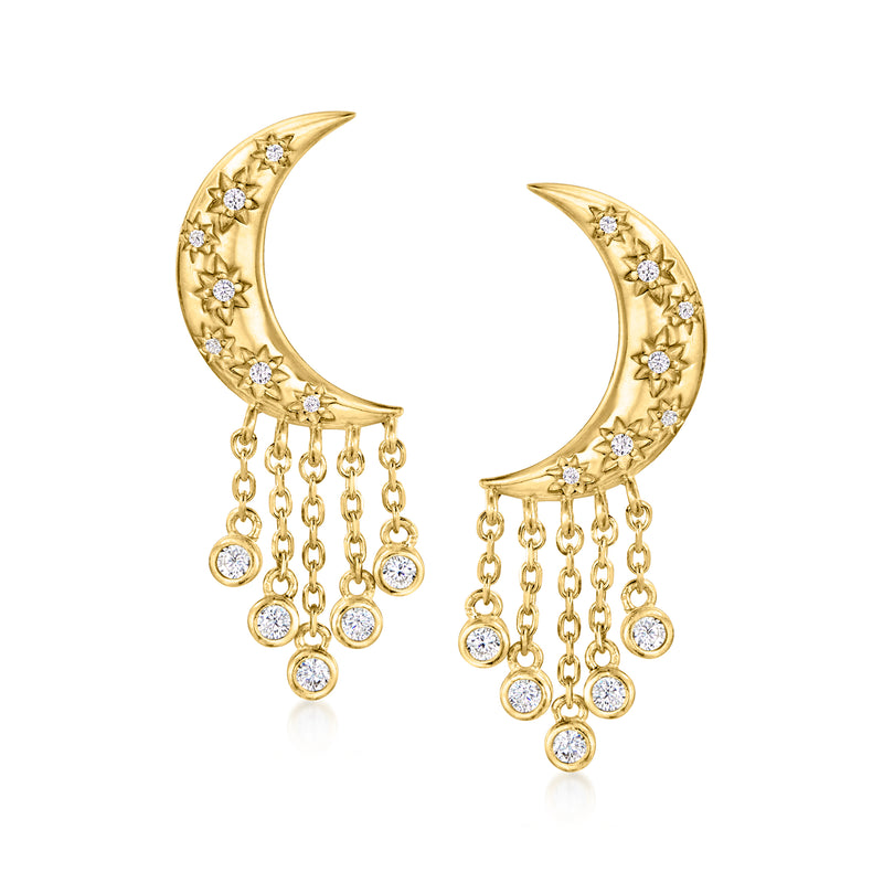 Gold over sterling crescent moon drop earrings with round CZ stones and dangling chains