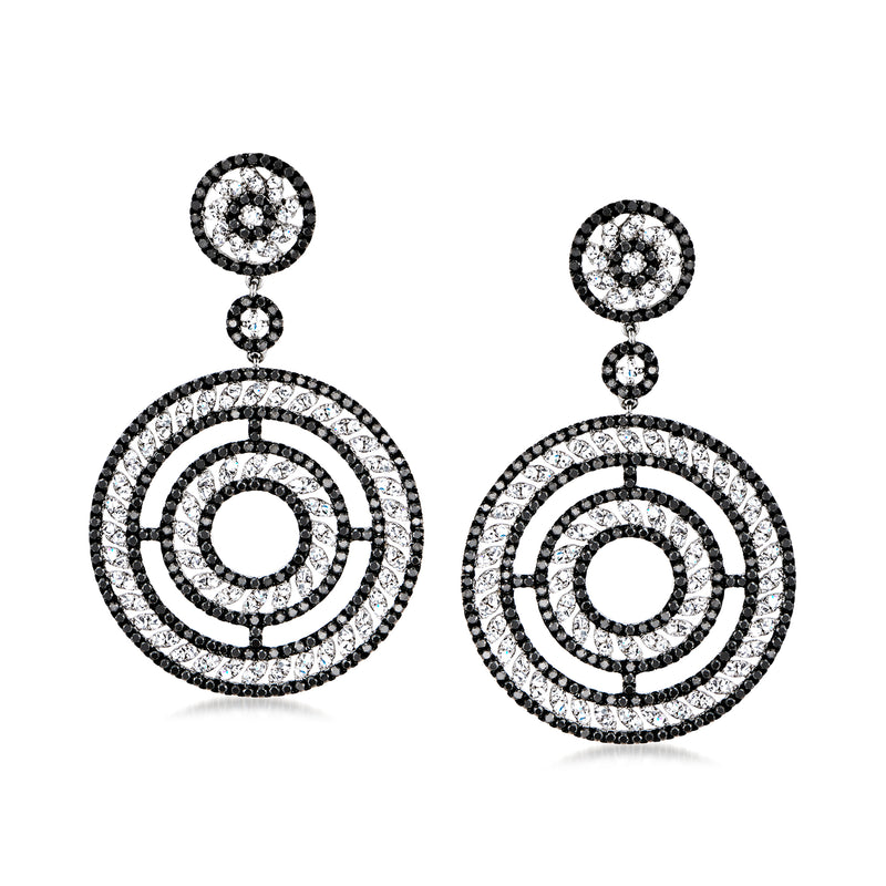 Black and white diamond circle drop earrings in white gold with stud post and dangling circles