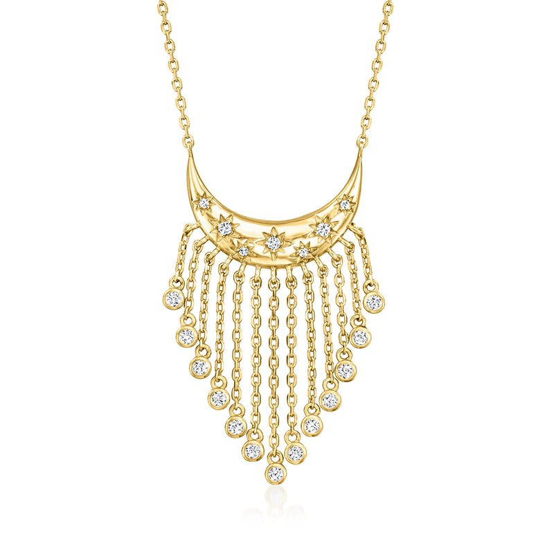 Gold-tone moon drop CZ necklace with crescent pendant and dangling crystal drops