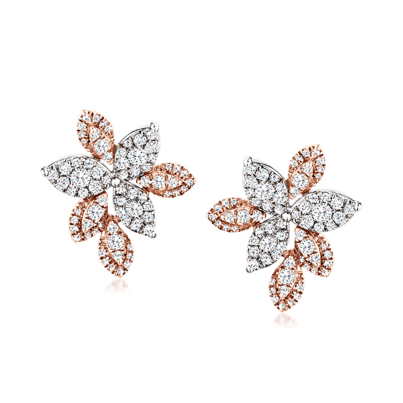 Diamond flower post earrings in two-tone gold, pair