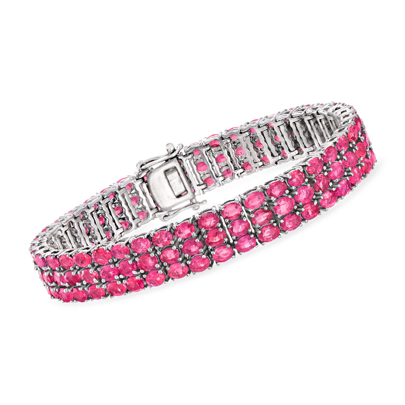 Three-row pink topaz tennis bracelet with sterling silver prong settings