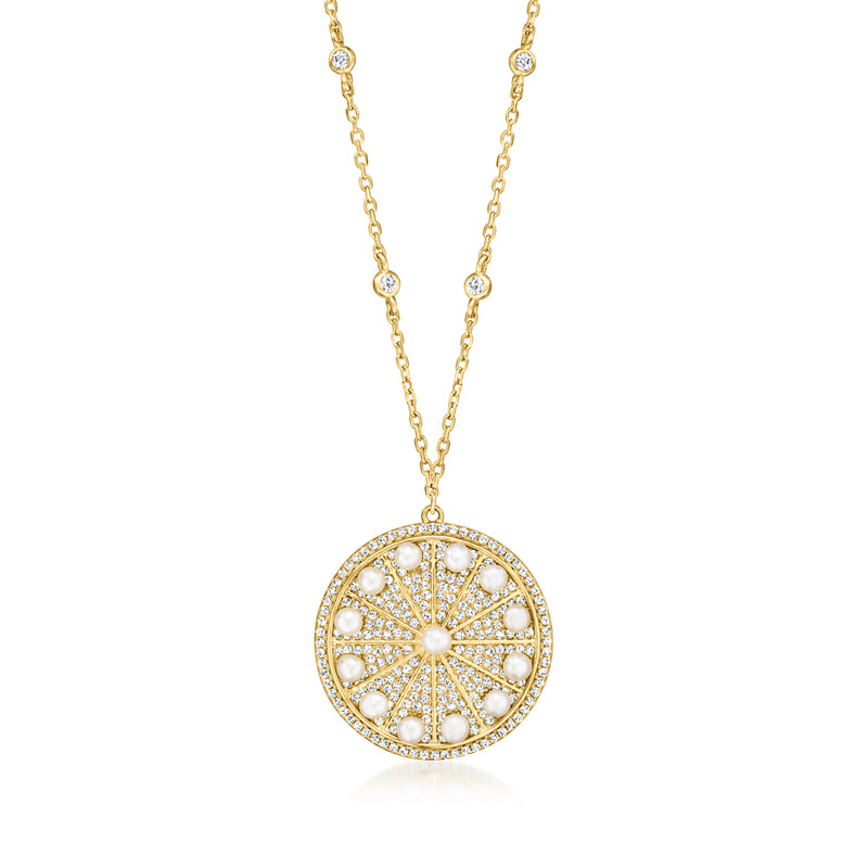 18kt gold over sterling disc necklace with pearl-like inlays and CZ border pendant