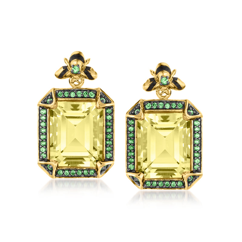 18kt gold drop earrings with lemon quartz center, green stones, black enamel trim