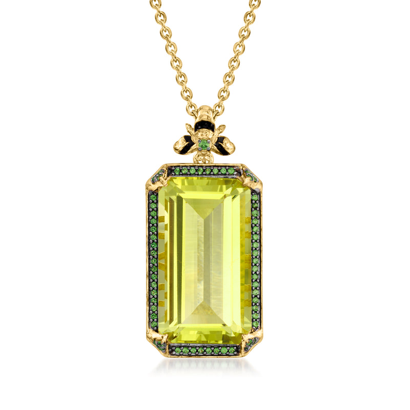 Gold-tone bumblebee pendant necklace with rectangular yellow-green gemstone and black enamel