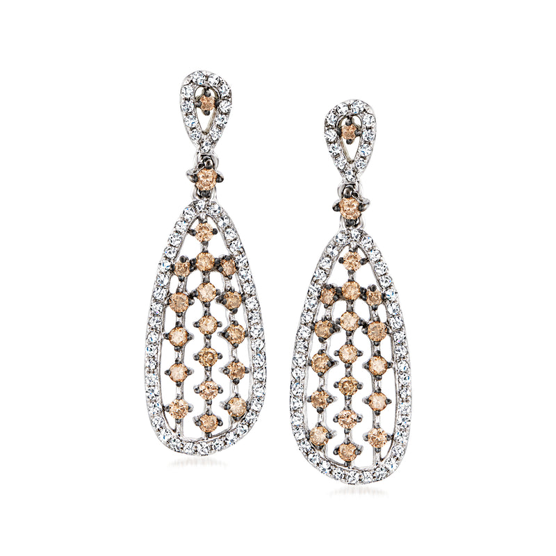 Teardrop diamond drop earrings in 14kt white gold with brown and white diamonds